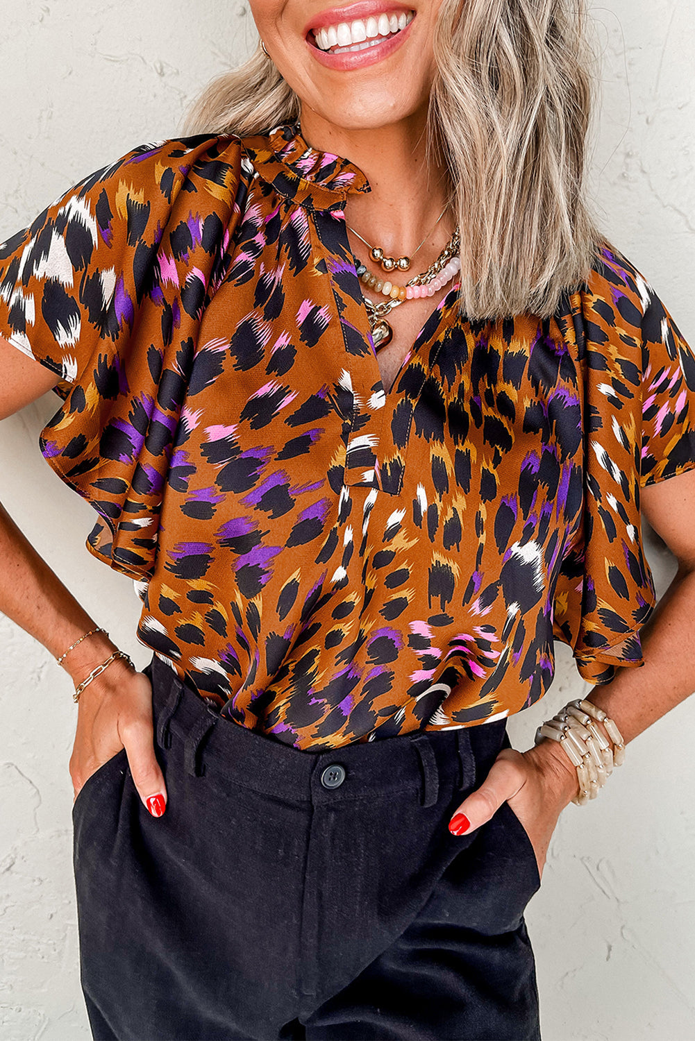 Orange Leopard Printed Draped Short Sleeve Slit V Neck Blouse eAura