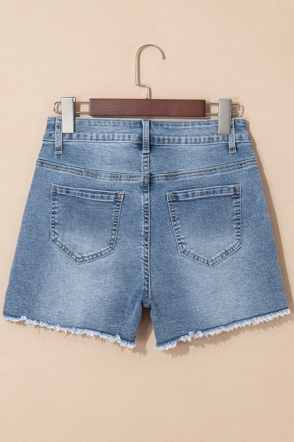 Dusk Blue Pearl Beaded Raw Hem Medium Wash Denim Shorts eAura
