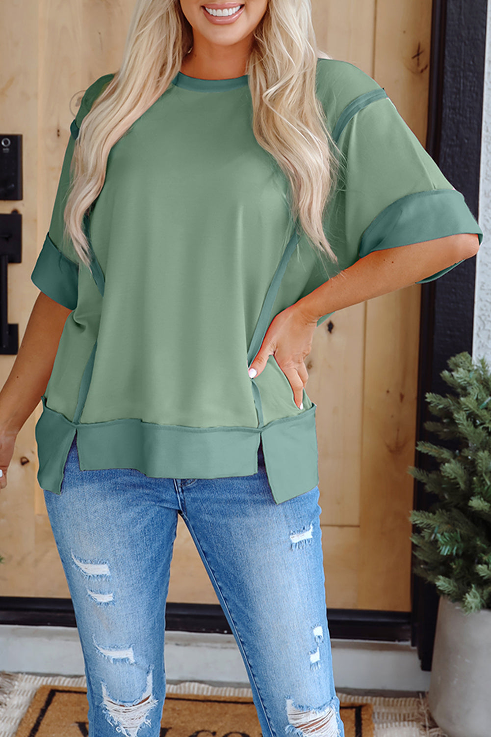 Green Half Sleeve Raw Seam High Low Side Split Top eAura