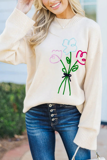 White Embroidered Flower Bouquet Ribbed Trim Loose Sweater Dear-Lover Dropshipping