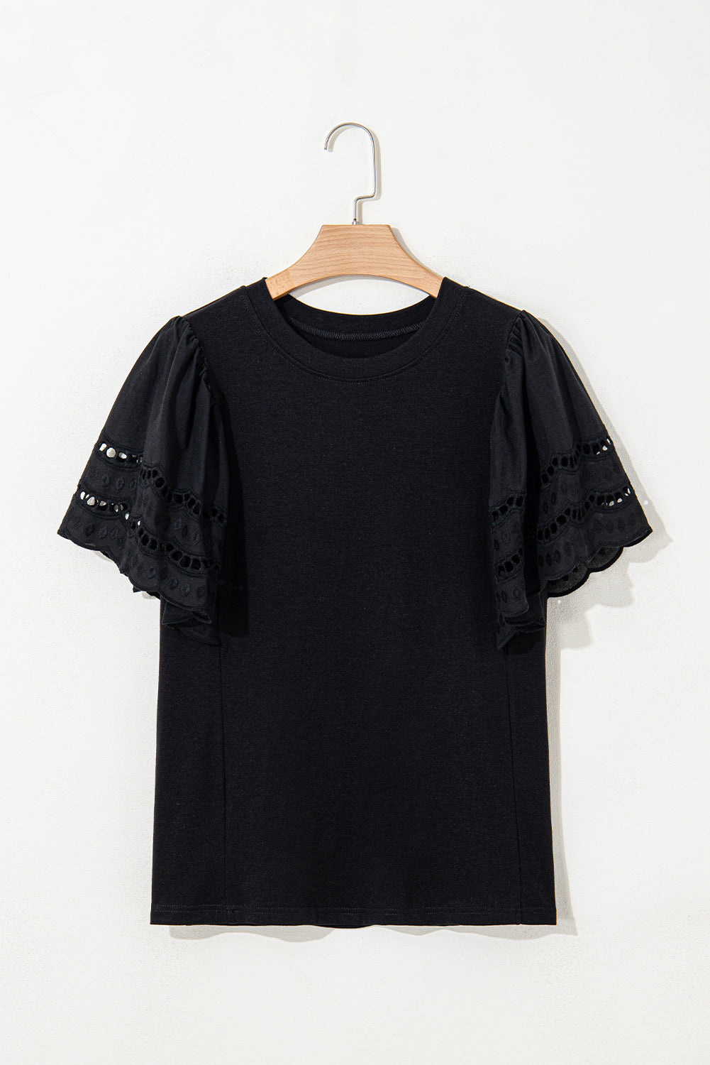 Black Hollow Out Embroidered Short Sleeve Top eAura