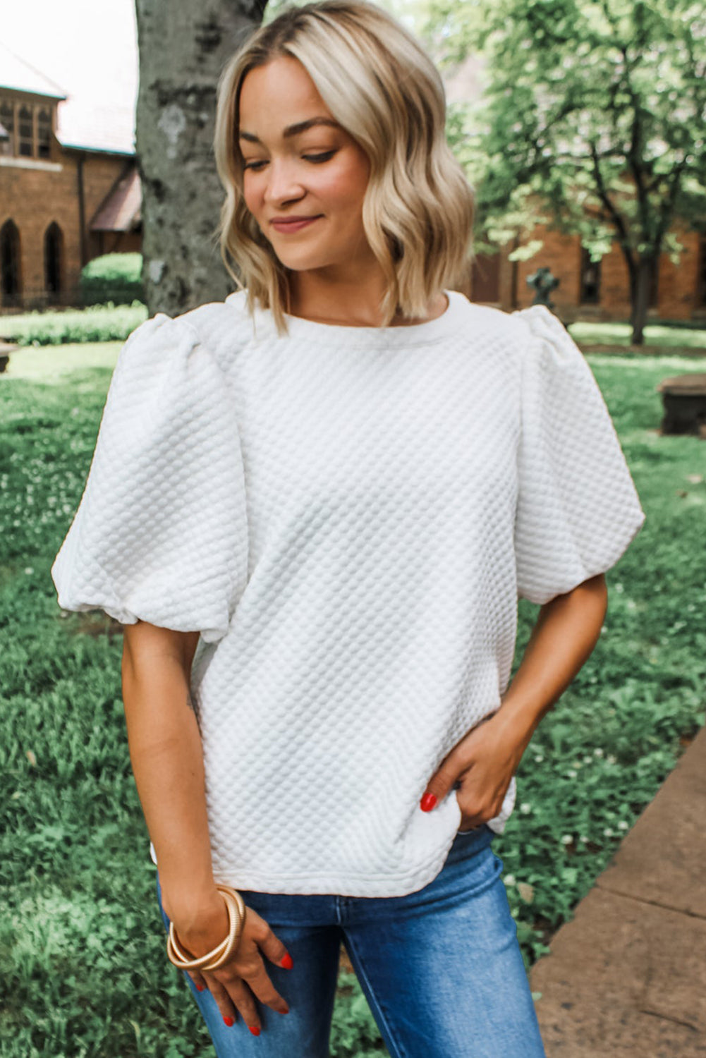 White Solid Textured O Neck Puff Sleeve Blouse eAura