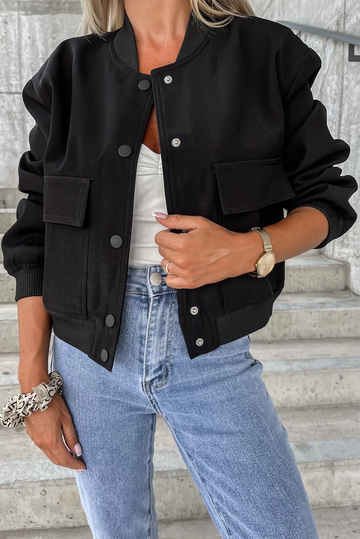 Black Big Pockets Baseball Collar Jacket Beagle Boutique Fashion Outlet
