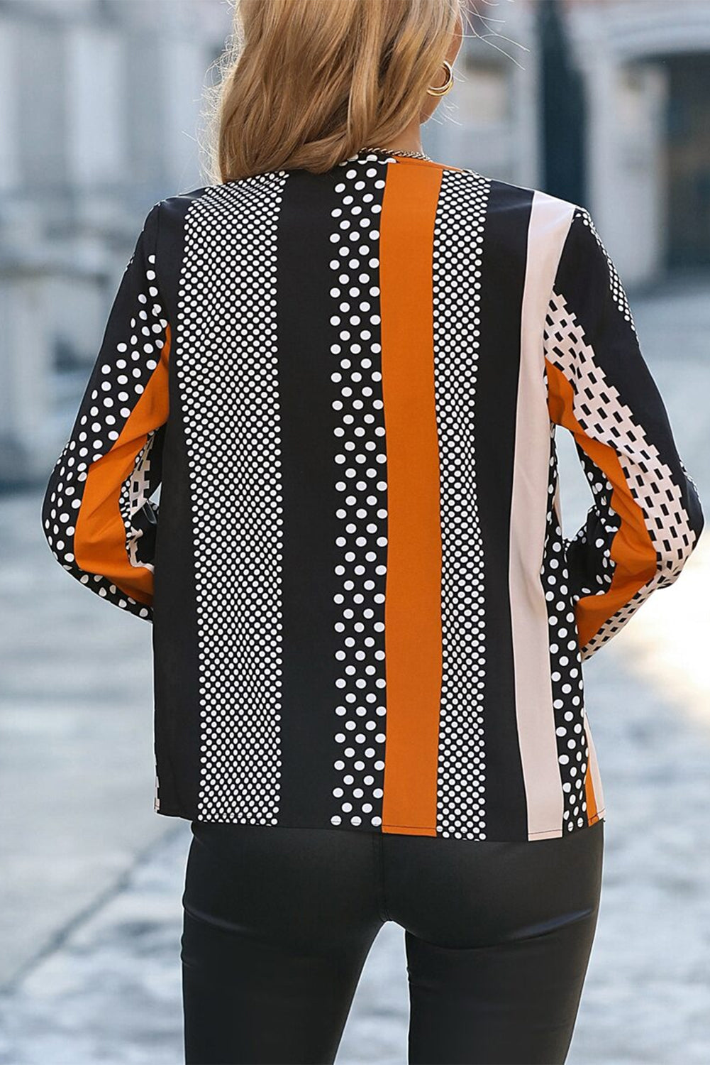 Orange Geo Print Colourblock Notched V Neck Blouse eAura