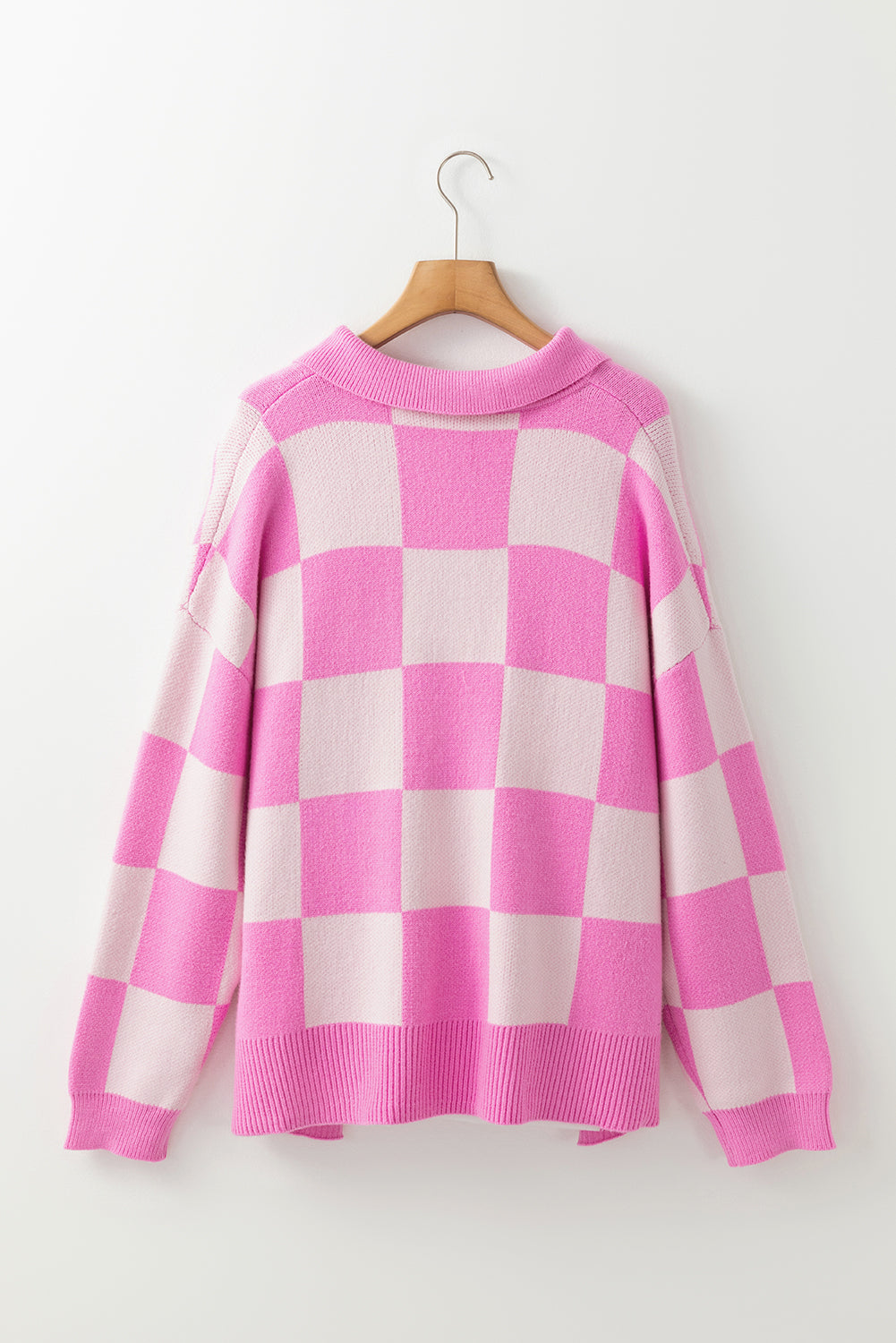 Pink Checkerboard Half Button Collared Drop Shoulder Sweater eAura