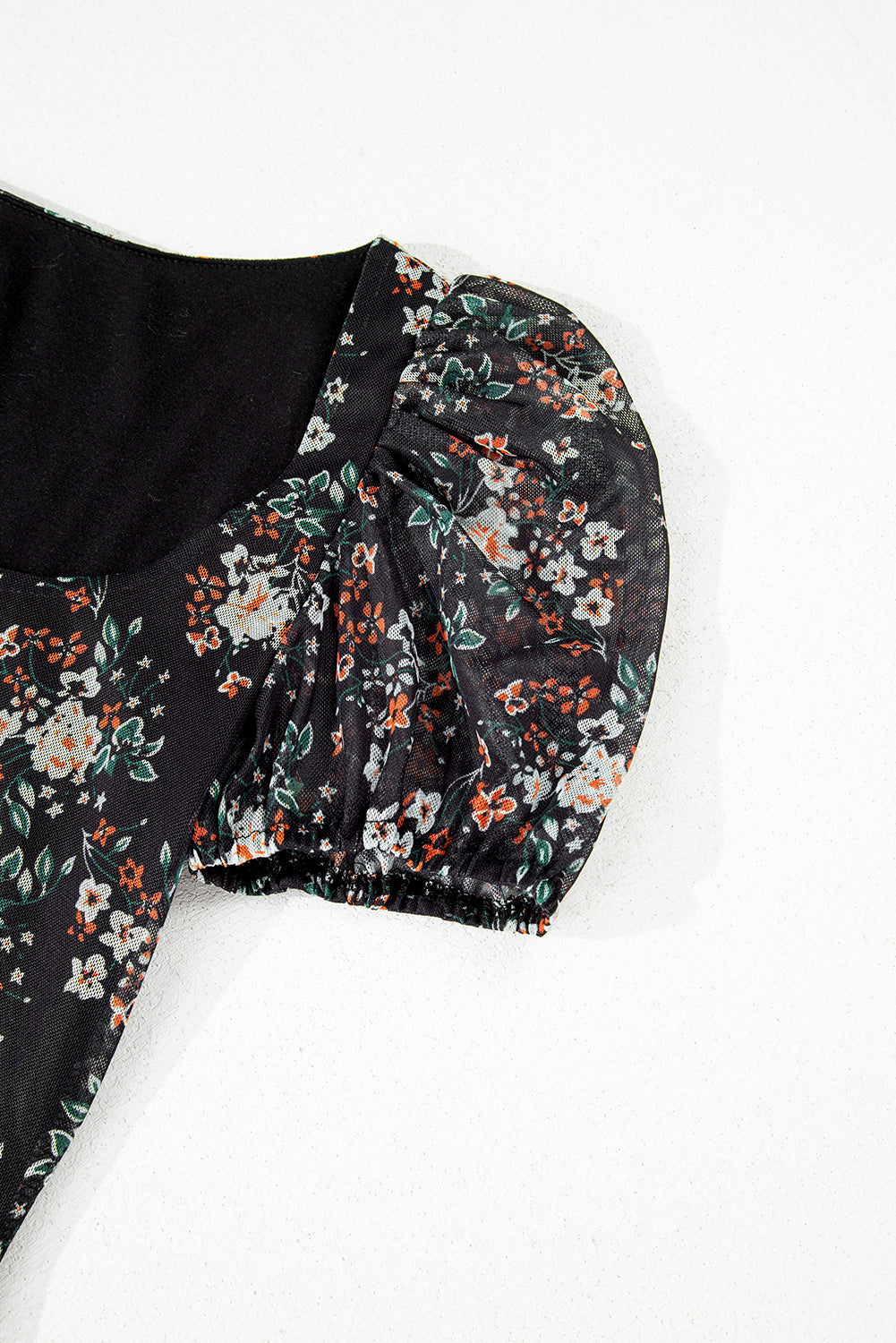 Black Floral Print U Neck Short Puff Sleeve Bodysuit eAura