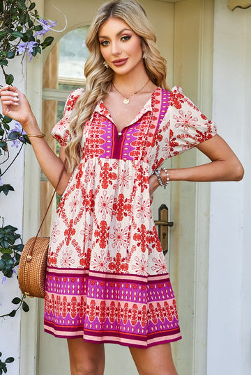 Rose Boho Floral Short Sleeve Lace-up V Neck Mini Dress eAura