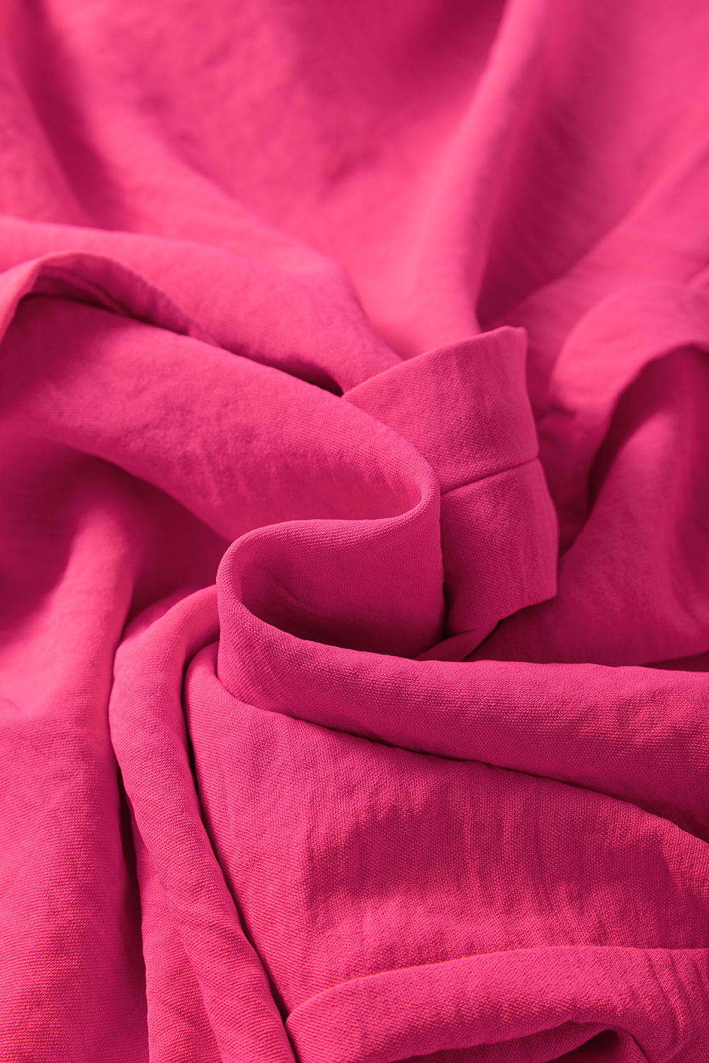 Rose Red Solid Colour Shirred Cuff Notch V Neck Blouse eAura