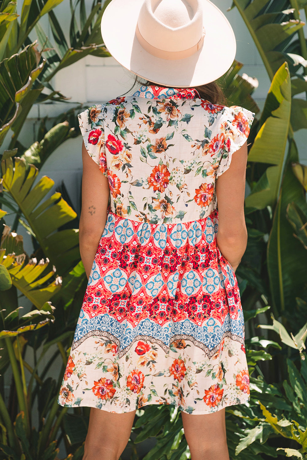 Rose Floral Mixed Pattern Ruffle Flutter Sleeve Buttoned Dress eAura