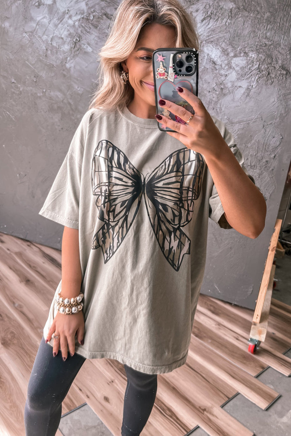 Casual Oversize Big Bow Printed Drop Shoulder Tunic Casual Tee eAura