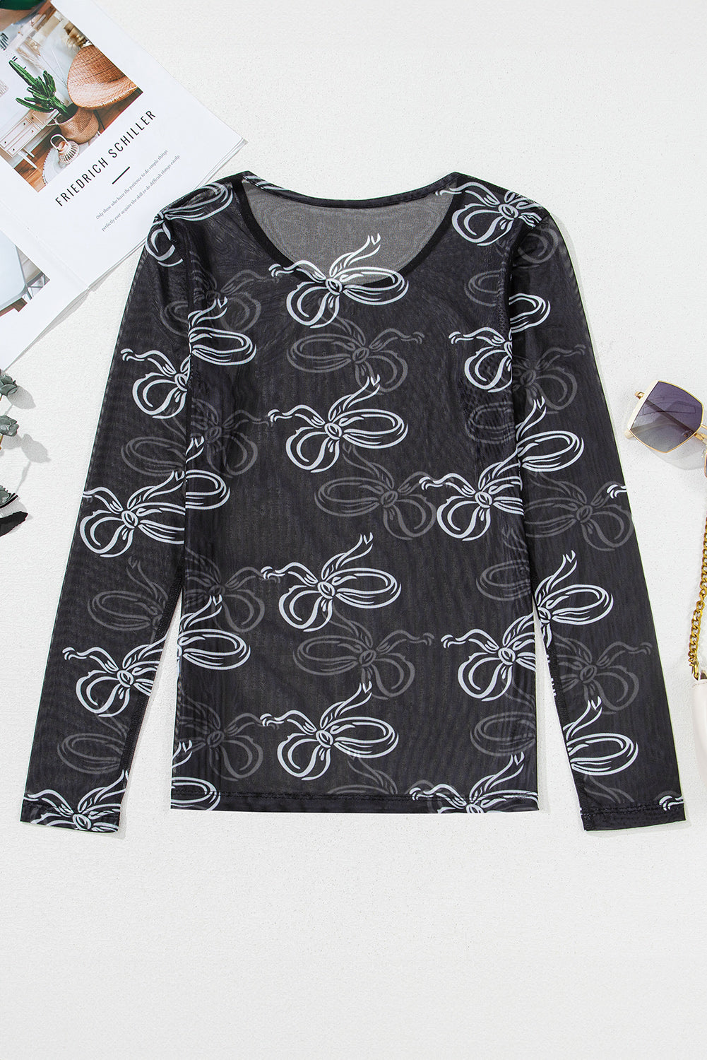 Black Round Neck Bow Print Long Sleeve Mesh Top eAura