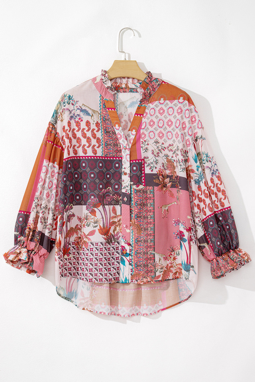 Red Boho Geometric Mixed Print Patchwork Bubble Sleeve Shirt eAura