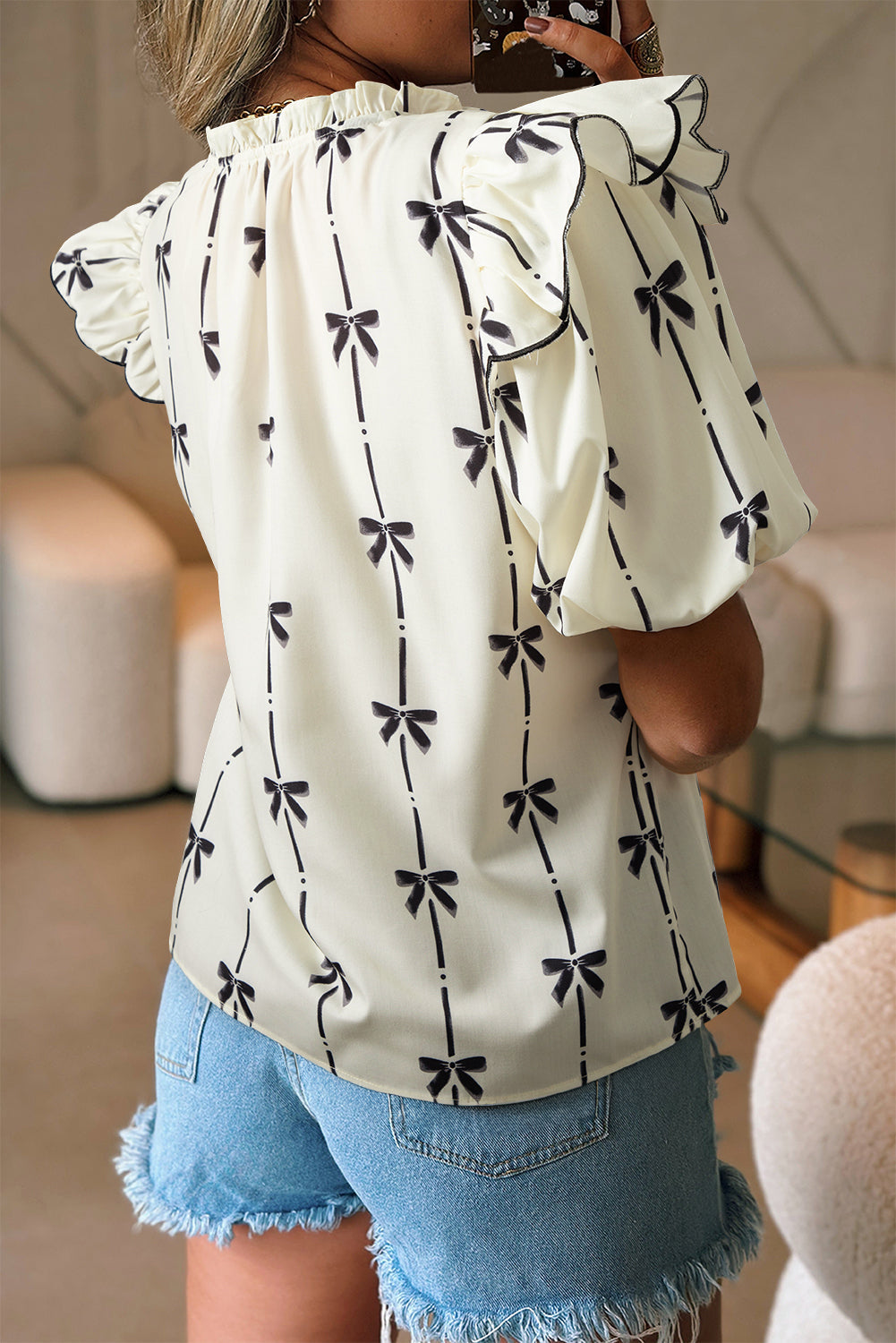 Beige Bow Printed Ruffled Bubble Sleeve Tied Notched V Neck Blouse eAura