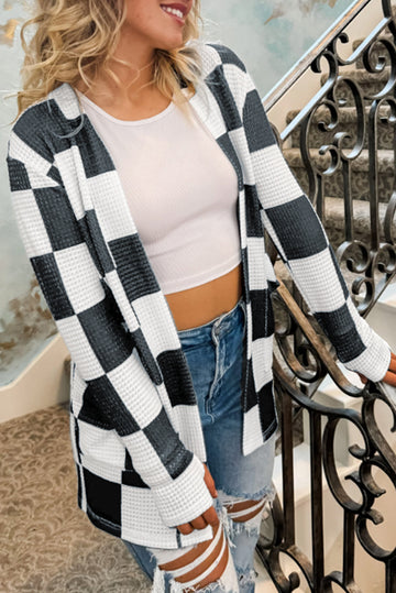 Black Checkered Waffle Knit Thumbhole Open Front Cardigan eAura
