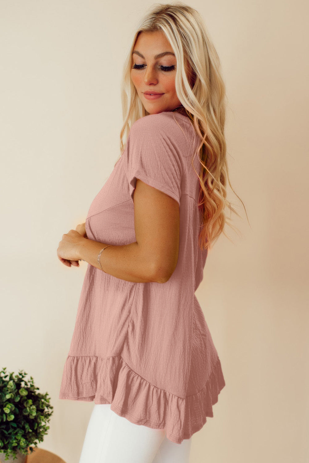 Pink Solid Short Sleeve Ruffle Hem Top eAura