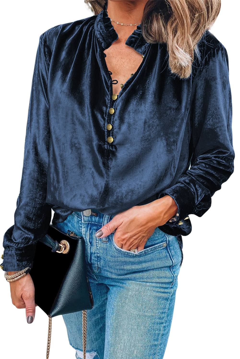 Burgundy Frilled Neck Buttoned Front Velvet Top eAura