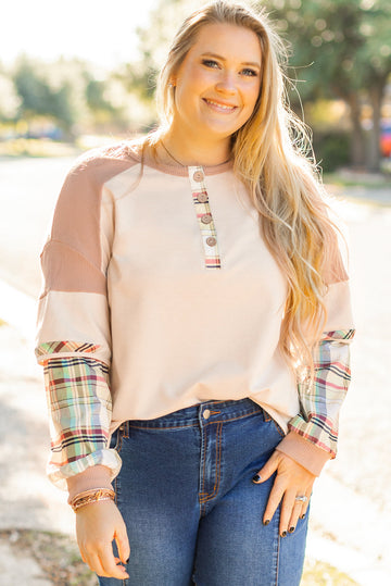 Parchment Plus Size Plaid Patchwork Layered Henley Top BB Fashion Outlet