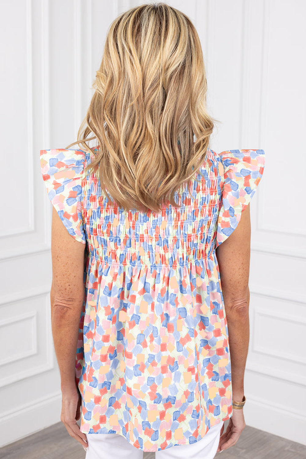 Pink Shirred Yoke Ruffled Abstract Printed Blouse eAura