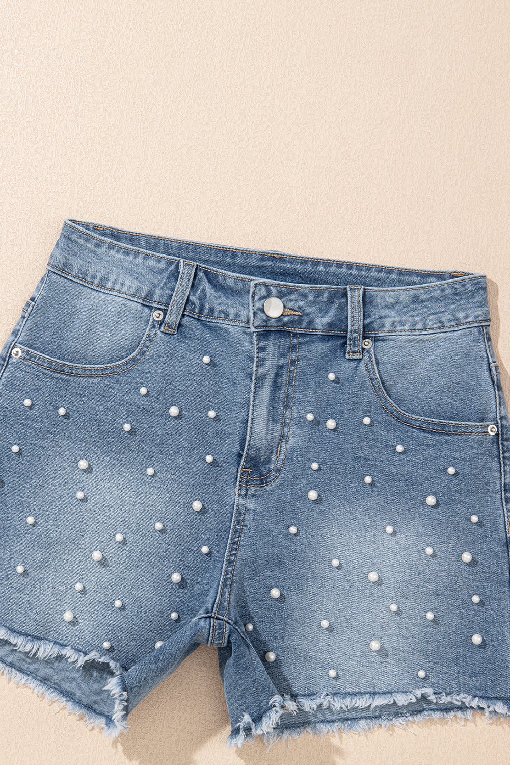 Dusk Blue Pearl Beaded Raw Hem Medium Wash Denim Shorts eAura