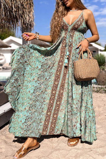 Green Floral Print V Neck Ruffled Trim Backless Tassel Waist Maxi Dress eAura
