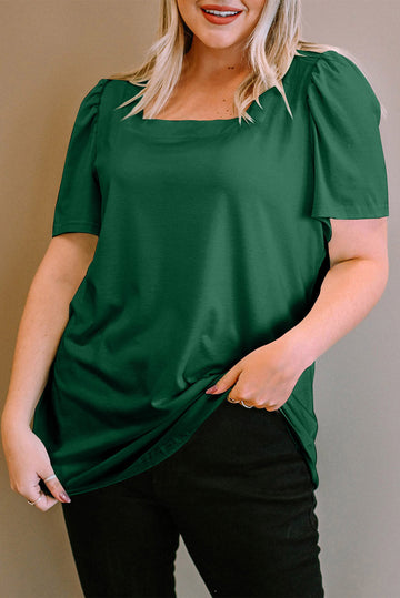 Green Plus Size Square Neck Ruched Shoulder Short Sleeve Top BB Fashion Outlet