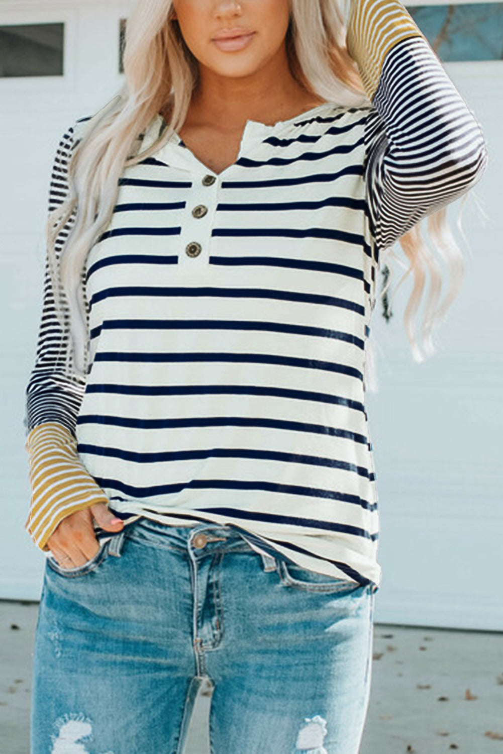 Long Sleeve Stripe Button Henley Top eAura