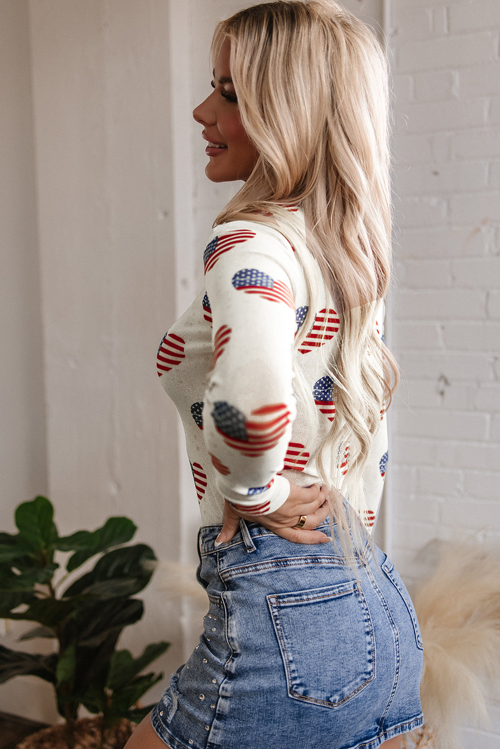 White Americana Glitter Mesh Long Sleeve Bodysuit eAura