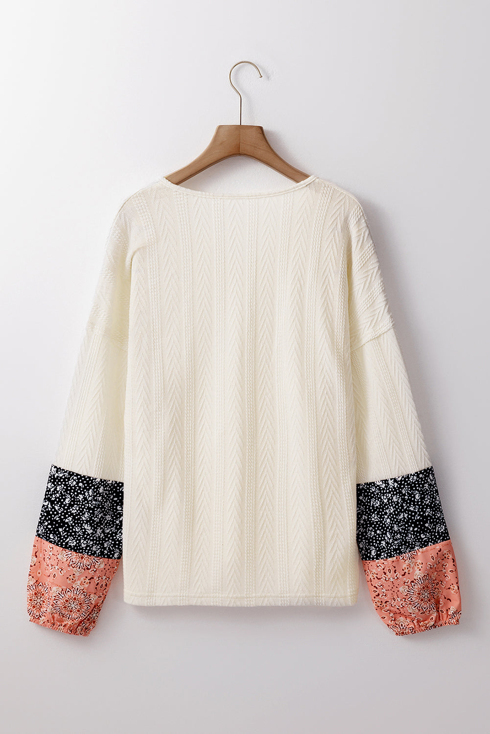 Beige Floral Patchwork Textured Knit Drawstring V Neck Blouse eAura