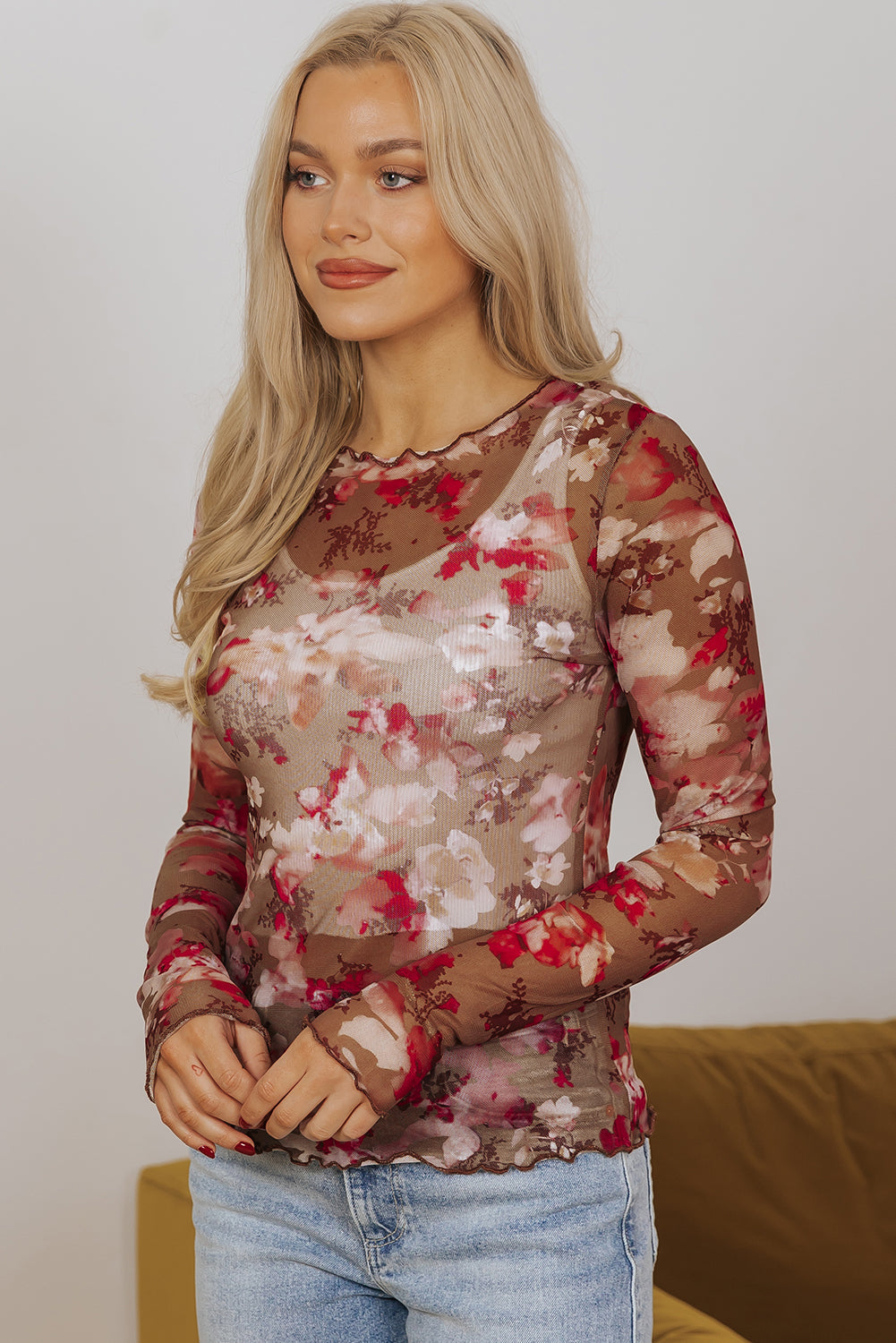 Red Floral Print Sheer Mesh Long Sleeve Top eAura