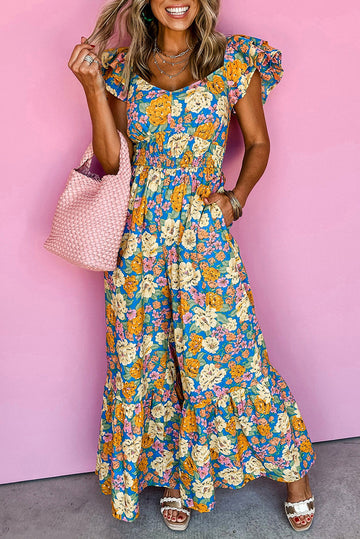 Yellow Floral Allover Print Shirred Cut Out High Waist Jumpsuit eAura