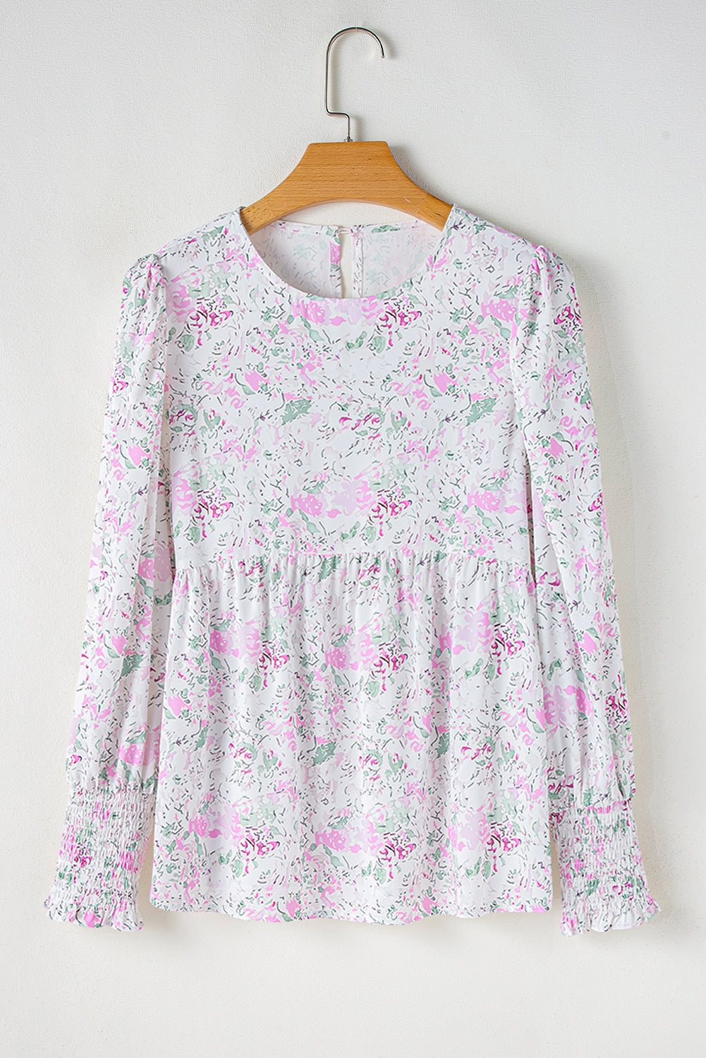 Pink Floral Print Shirred Balloon Sleeve Keyhole Back Babydoll Blouse eAura