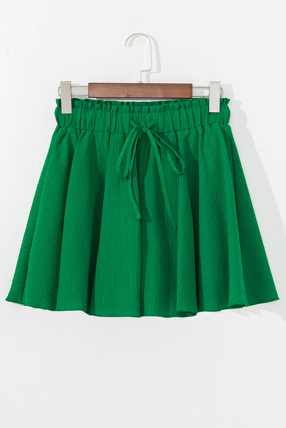 Dark Green Textured Frilled Lace-up High Waist Ruffle Wide Leg Shorts eAura