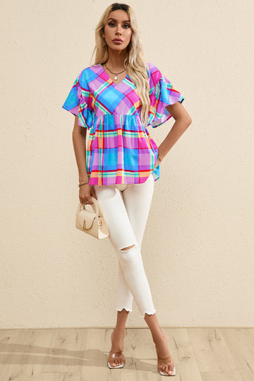 Sky Blue Colourful Plaid V Neck Ruffled Short Sleeve Babydoll Top eAura