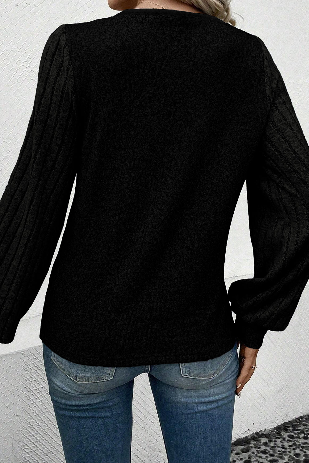 Black Buttoned V Neck Ribbed Puff Sleeve Top eAura