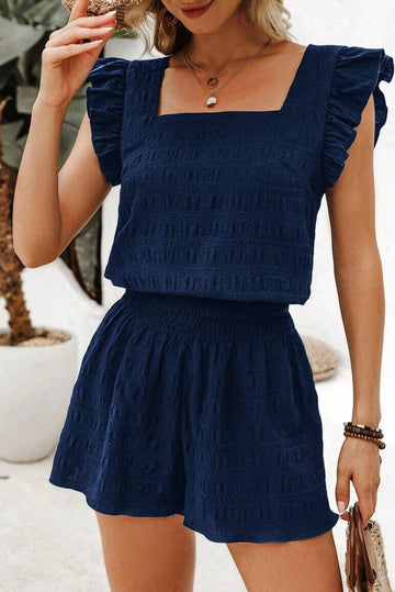 Textured Square Neck Top and Shirred High Waist Shorts Co-ord Set eAura