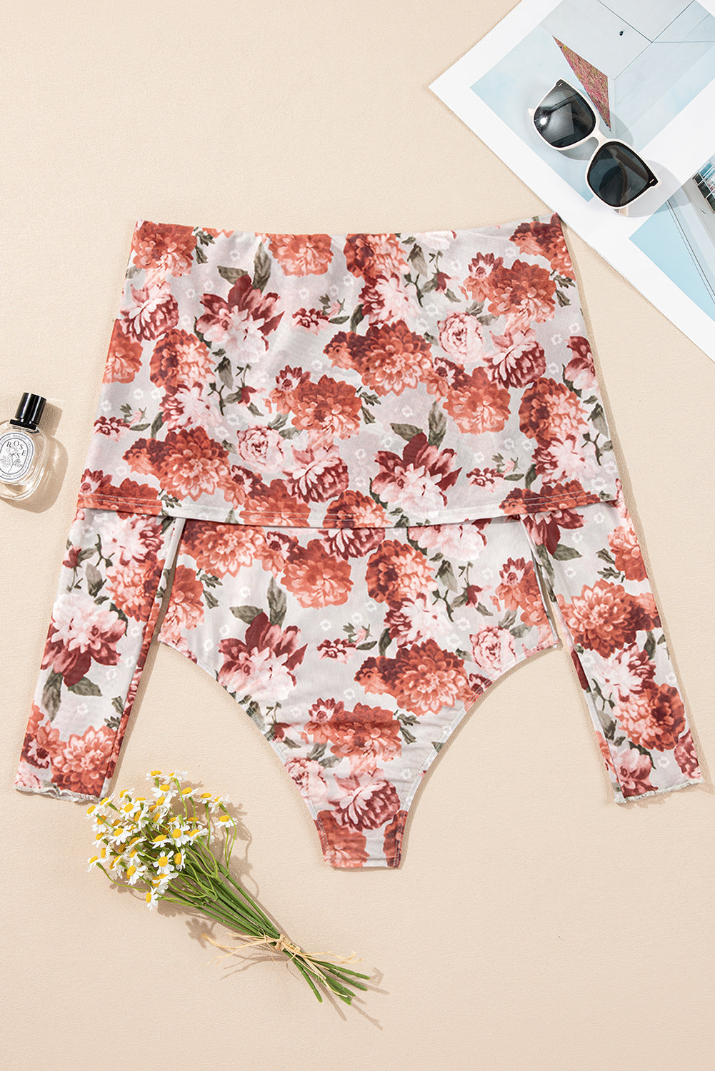 Pink Floral Printed Long Sleeve Sheath Bodysuit eAura