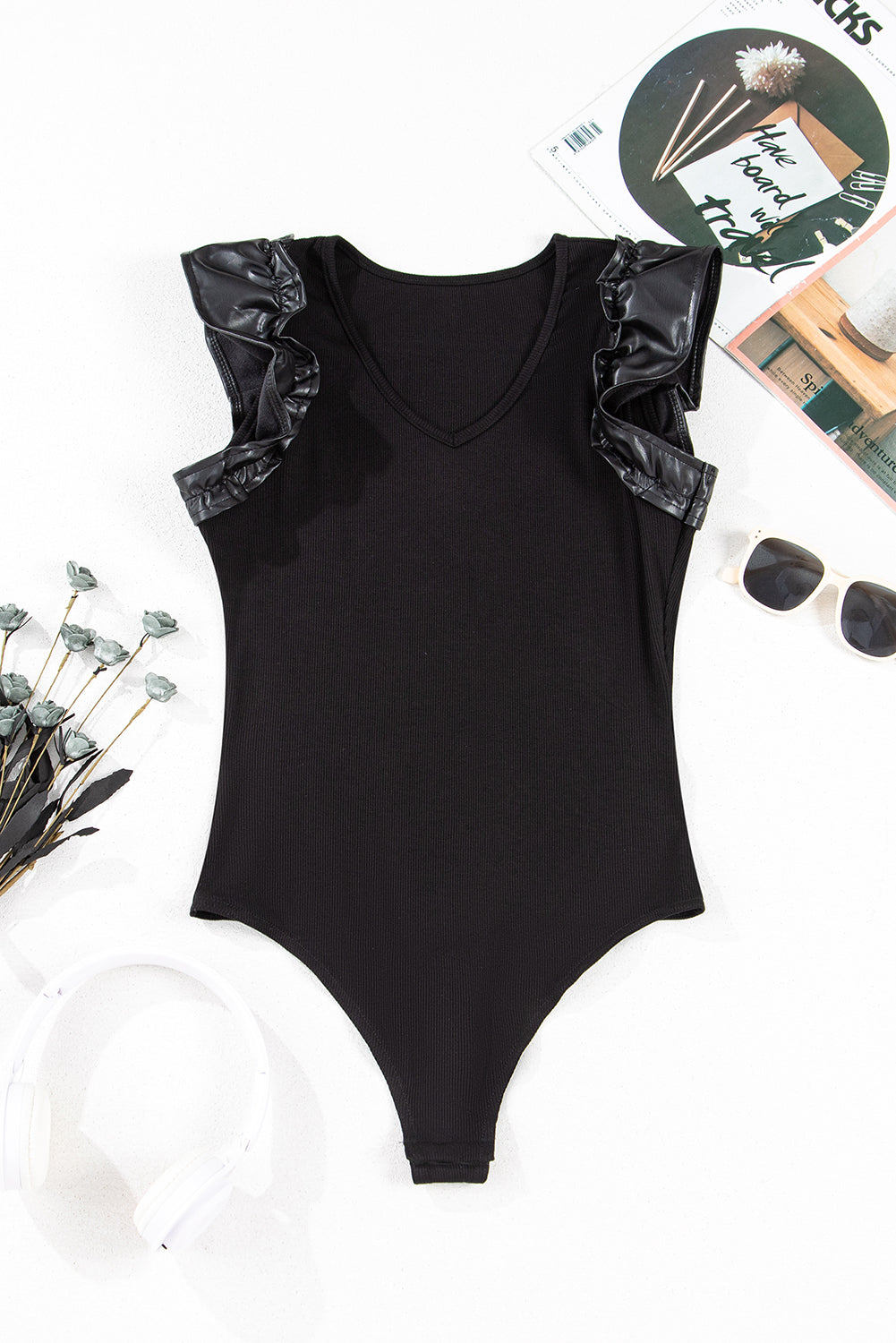 Black Leatherette Ruffle Patchwork Ribbed V Neck Bodysuit eAura