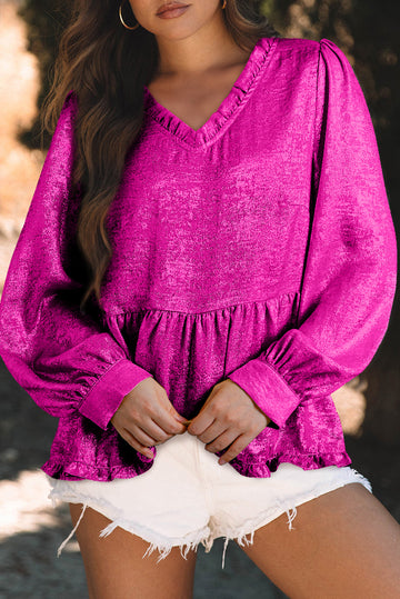 Rose Red Metallic Frilled V Neck Puff Sleeve Babydoll Blouse eAura