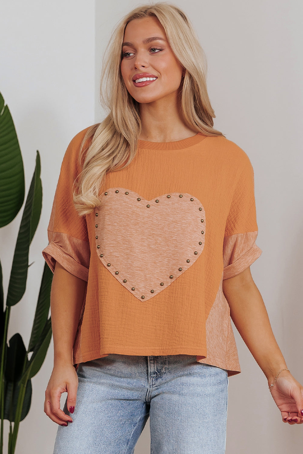 Desert Gold Stud Heart Patch Textured Front Dolman Top eAura