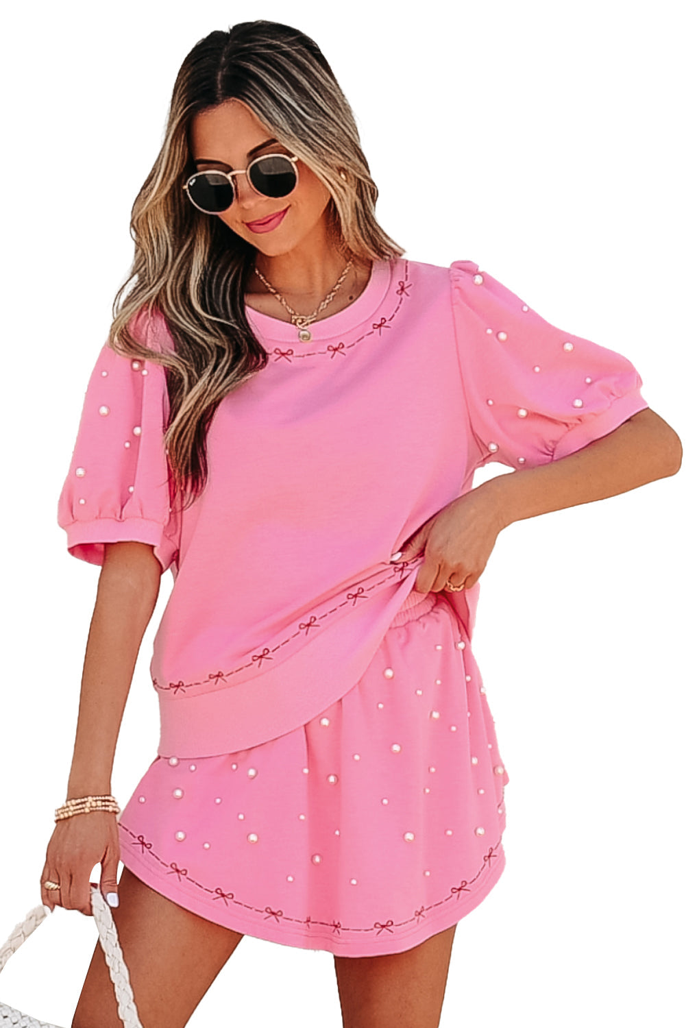 Pink Contrast Bow Trim Pearl Puff Sleeve Top and Skort Co-ord eAura