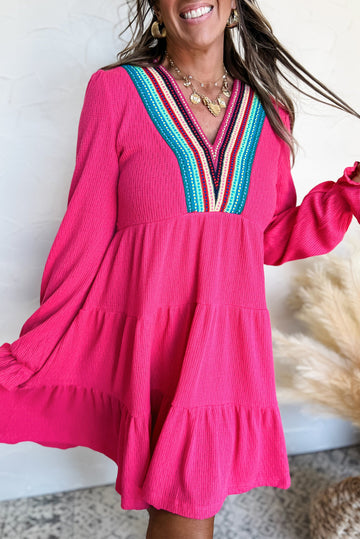 Rose Red Colourful Crochet V Neck Textured Tiered Ruffled Long Sleeve Mini Dress eAura