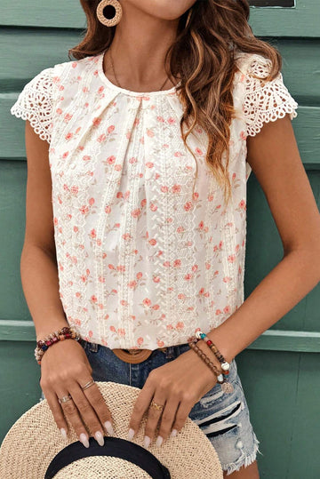 Pink Floral Print Embroidery Detail Crochet Cap Sleeve Blouse eAura
