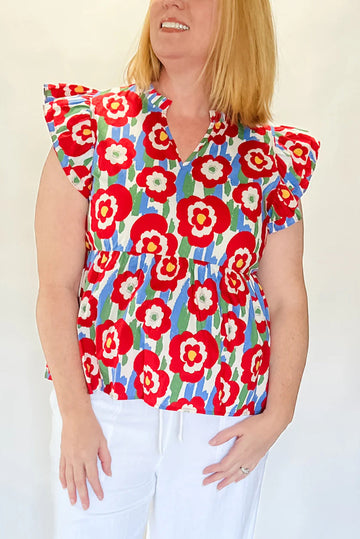 Red Plus Size Floral Print Ruffle Trim Split Neck Peplum Top BB Fashion Outlet