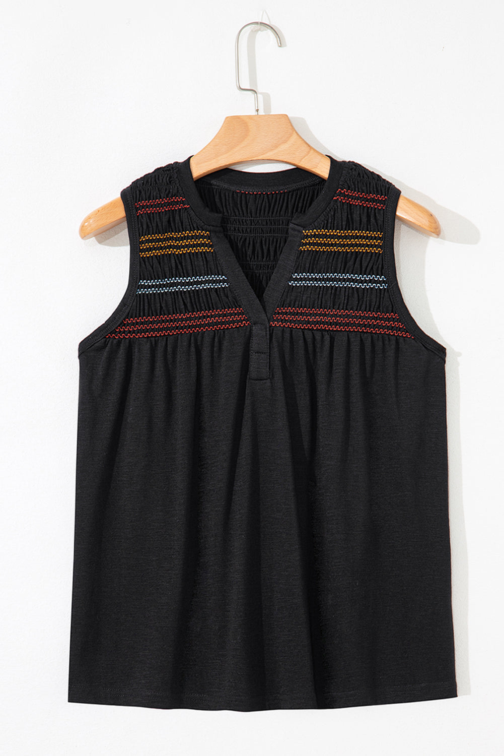 Black Shirred Yoke Notched V-Neck Tank Top eAura