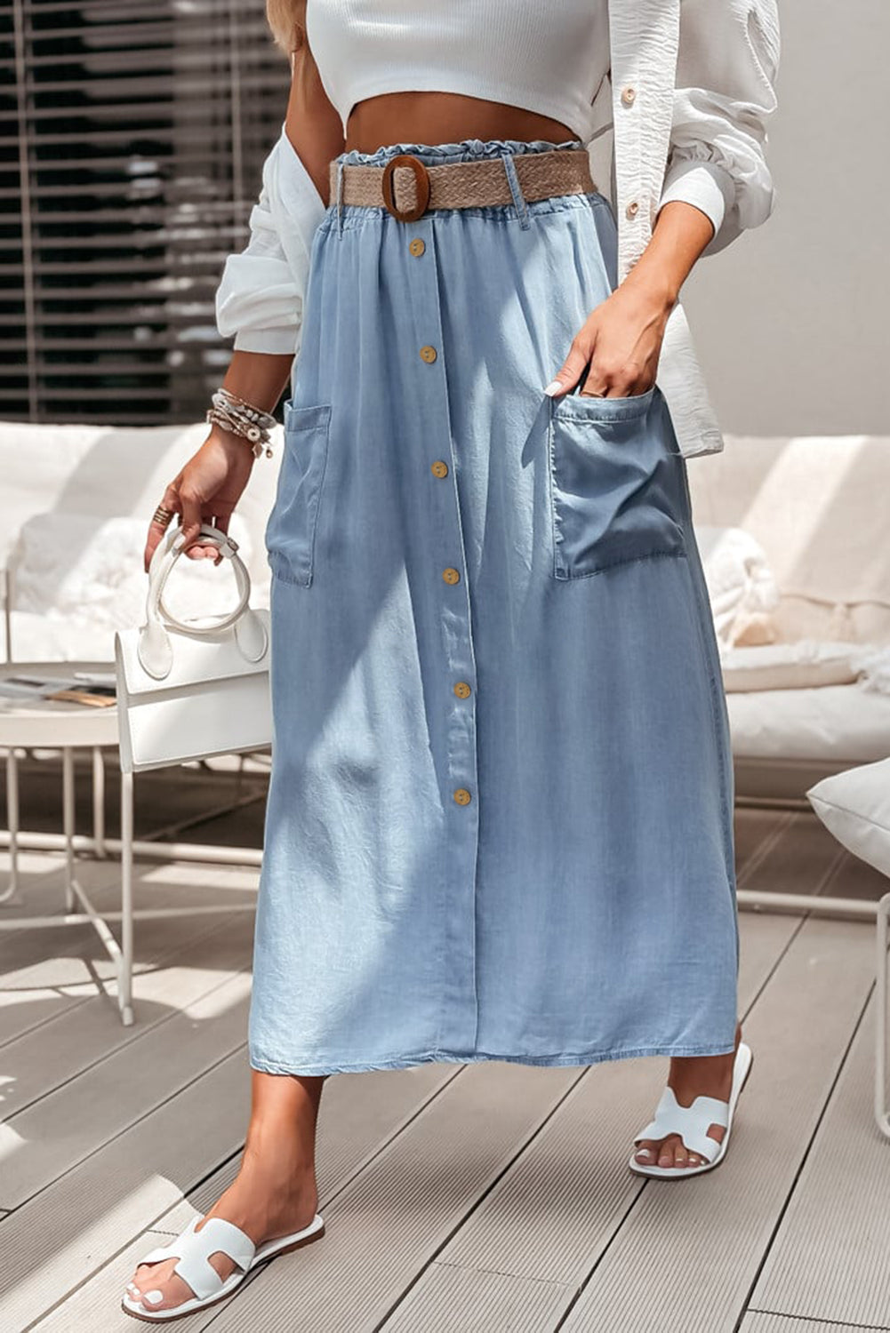 Beau Blue Buttoned Front High Waist Side Pockets Denim Maxi Skirt eAura