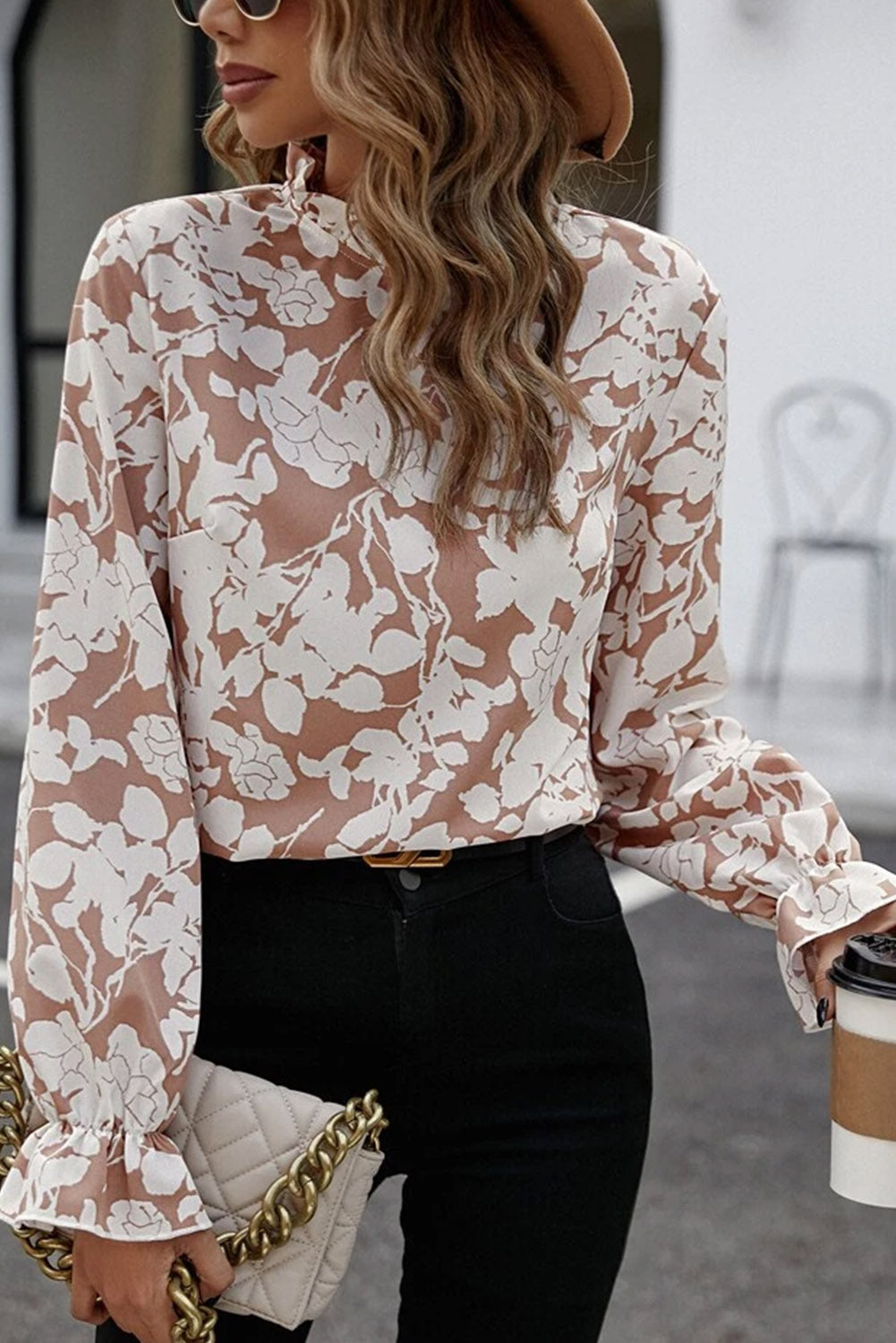 Light French Beige Floral Print Frilled Neckline Flounce Sleeve Blouse eAura