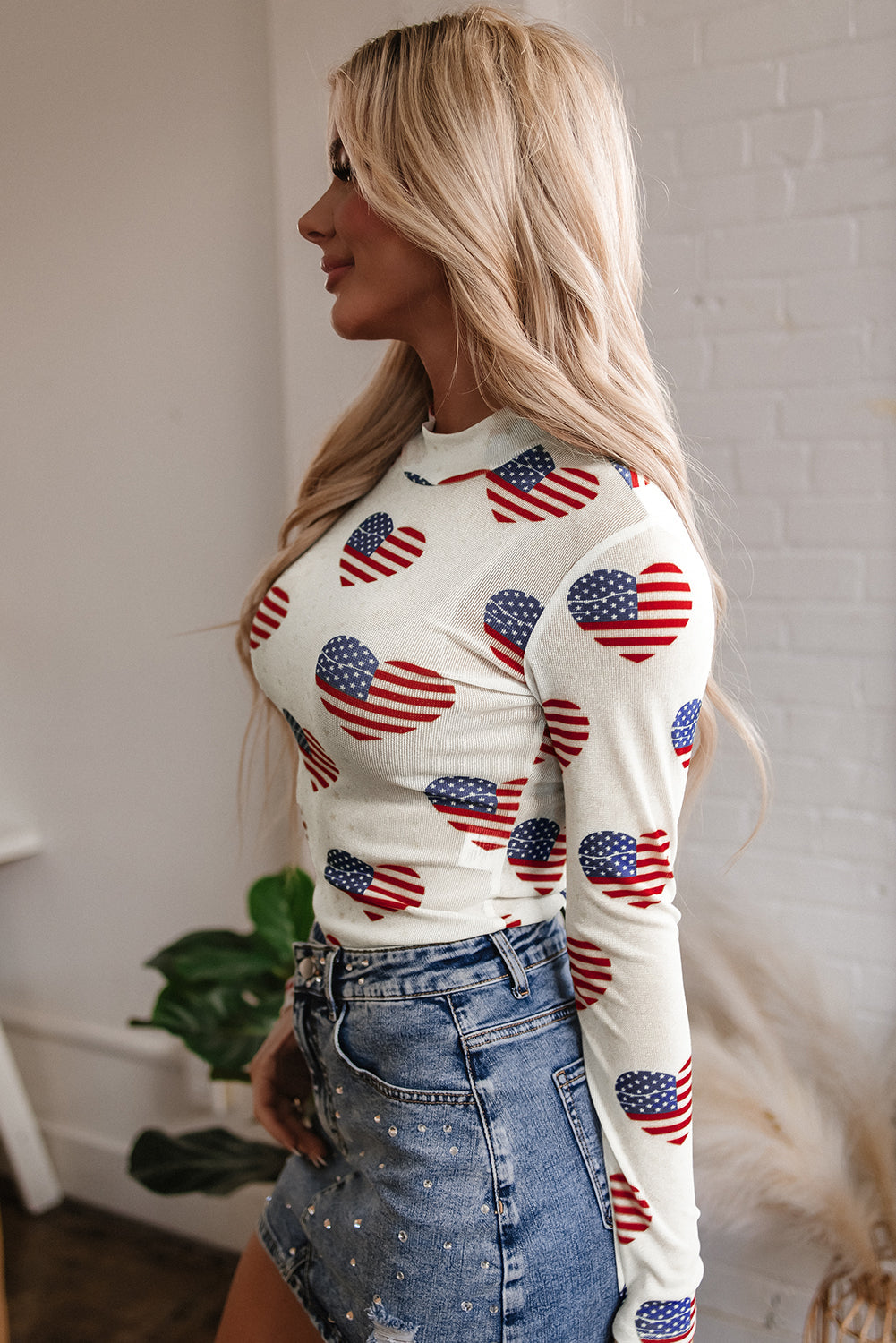 White Americana Glitter Mesh Long Sleeve Bodysuit eAura
