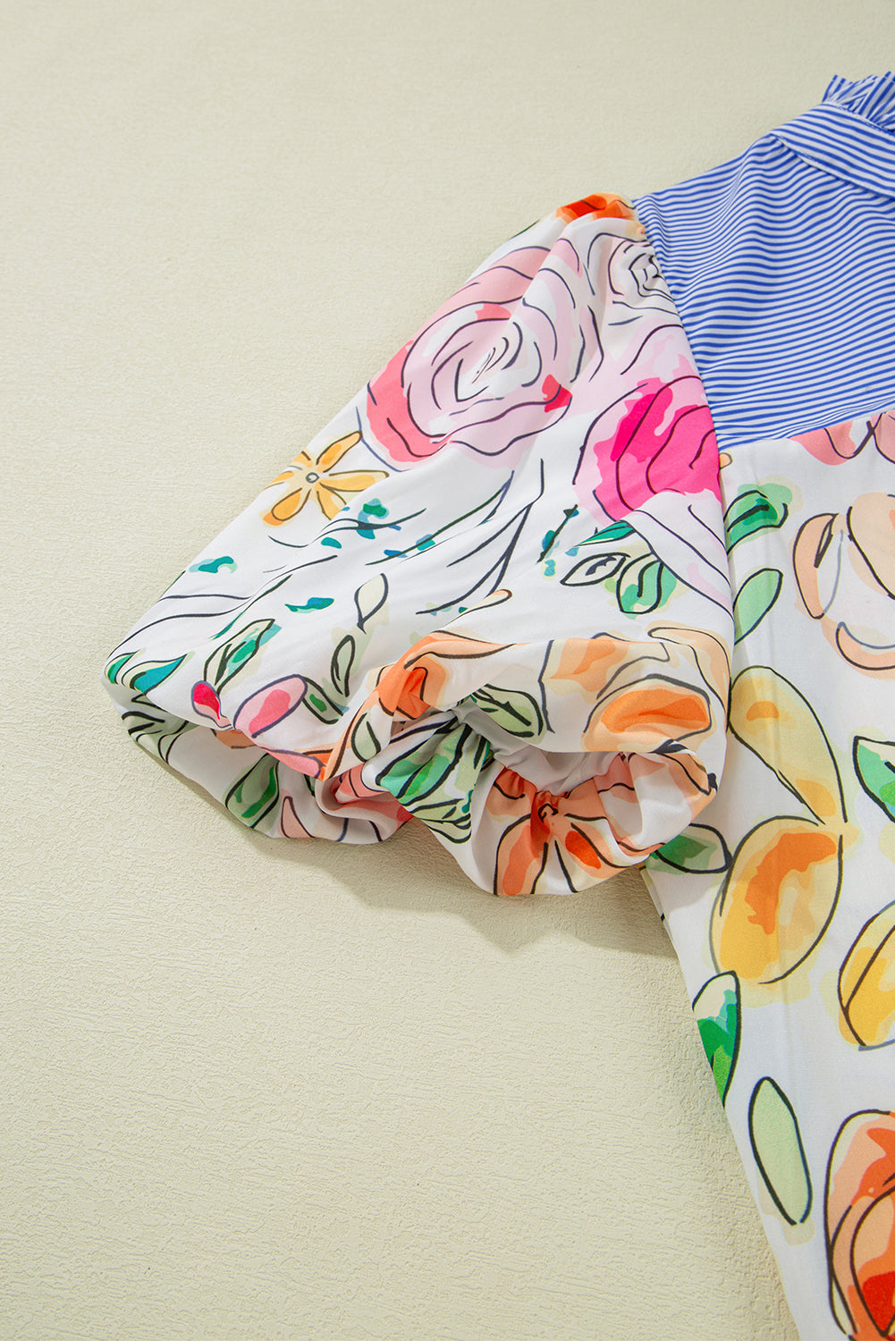 Multicolour Floral Print Striped Yoke Frilled V Neck Puff Short Sleeve Blouse eAura