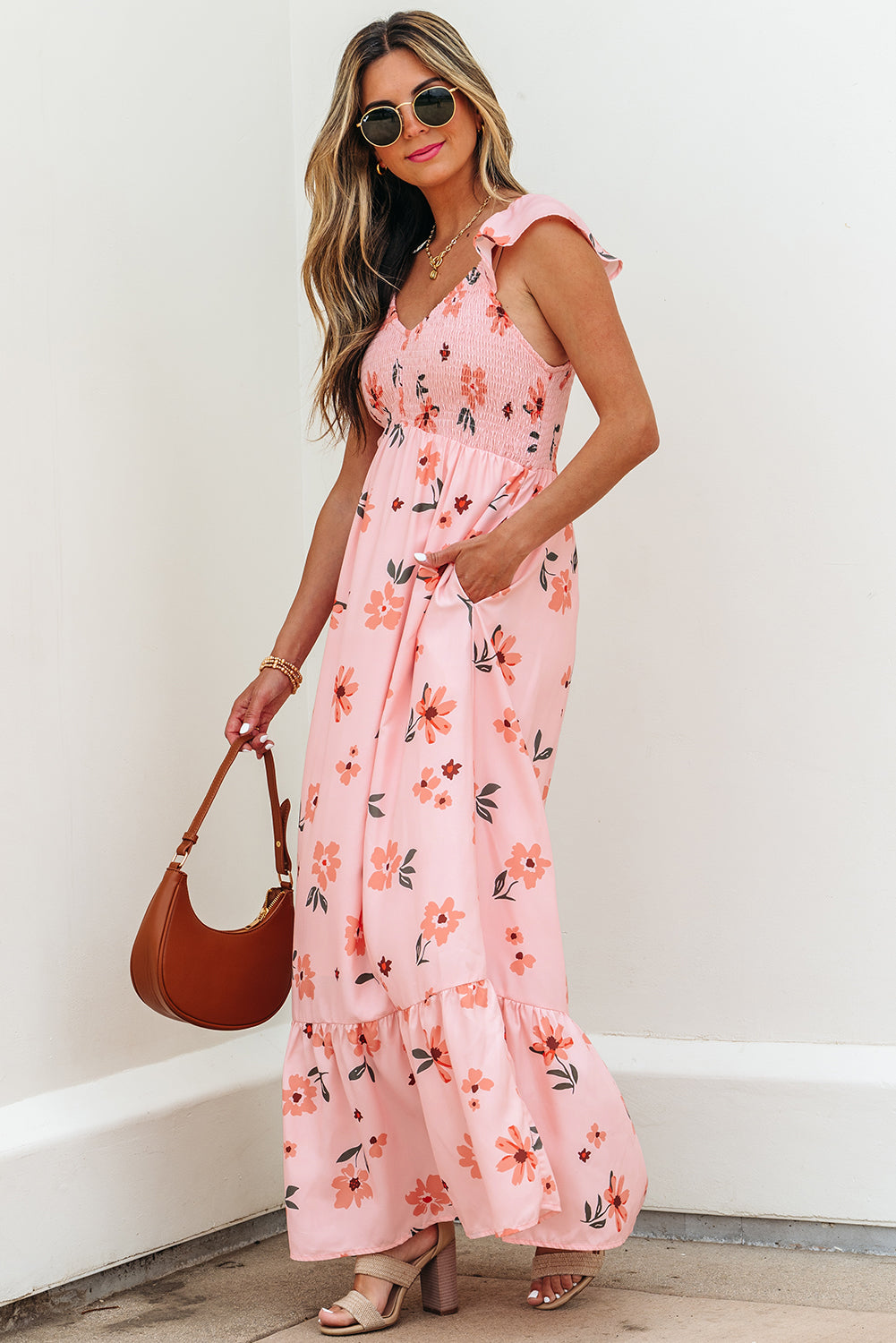 Pink Floral V Neck Smocked Ruffle Hem Maxi Dress eAura