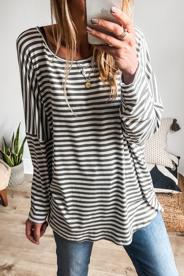 Gray Stripe Drop Sleeve Round Neck Oversized Long Sleeve Top Beagle Boutique Fashion Outlet